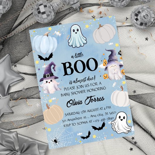 Blue Halloween Little Boo Baby shower Invitation Kaart