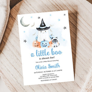 Blue Halloween Little Boo Baby shower Kaart