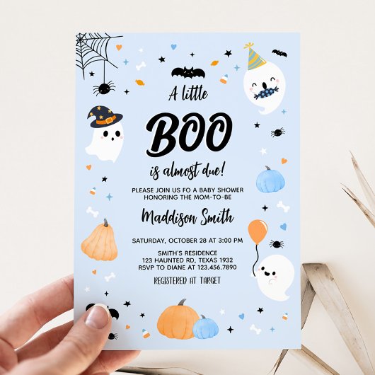 Blue Halloween Little Boo Baby shower Kaart