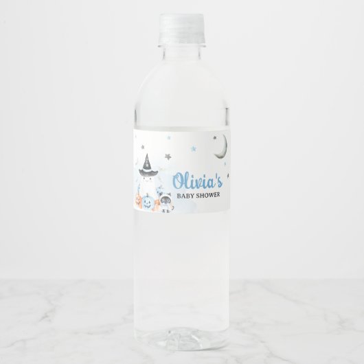 Blue Halloween Little Boo Baby shower Waterfles Etiket (Voorkant)
