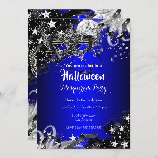 Blue Halloween Magical Night Masquerade Party Kaart (Voorkant / Achterkant)
