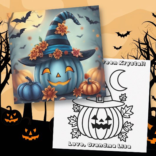 Blue Halloween Pumpkin & Coloring Page Personalize Kaart