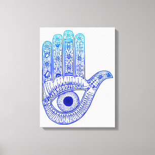 Blue Hamsa Hand / Evil Eye Defence / Hand of Mary Canvas Afdruk