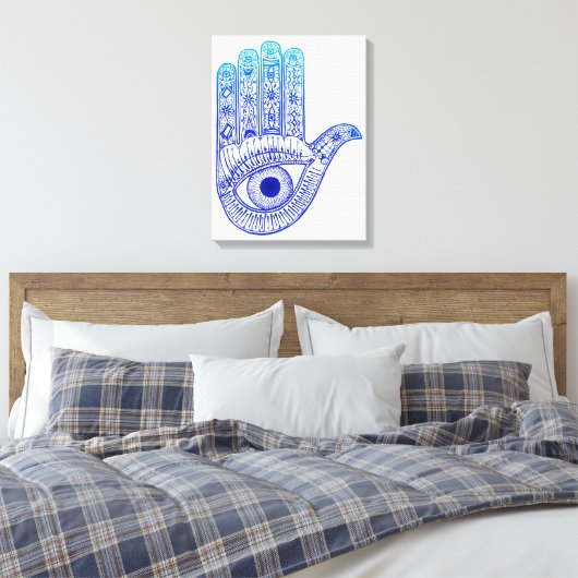 Blue Hamsa Hand / Evil Eye Defence / Hand of Mary Canvas Afdruk (Insitu (Slaapkamer))