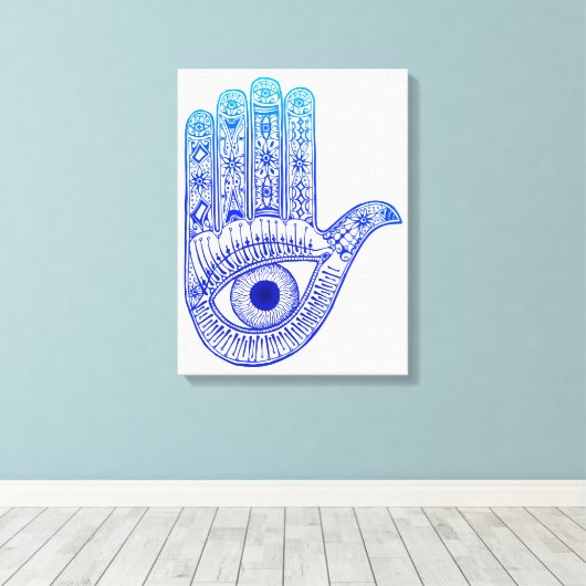 Blue Hamsa Hand / Evil Eye Defence / Hand of Mary Canvas Afdruk (Insitu (Houten vloer))
