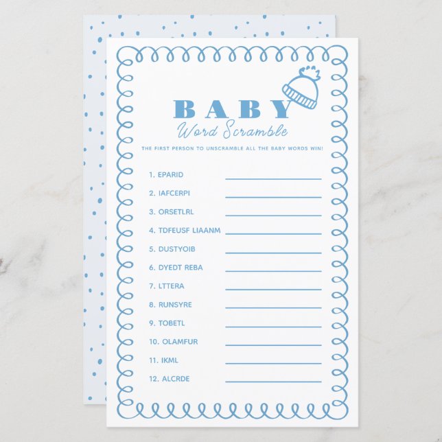 Blue Hand-Drawn Beanie Boy Baby Word Scramble (Voorkant / Achterkant)