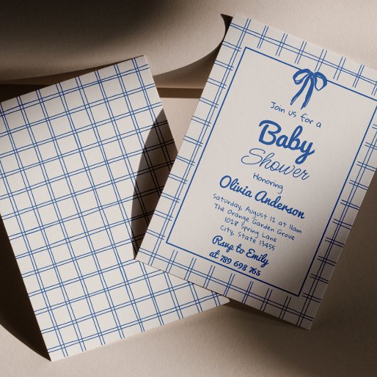 Blue Hand Drawn Bow Gingham Boy Baby shower Kaart