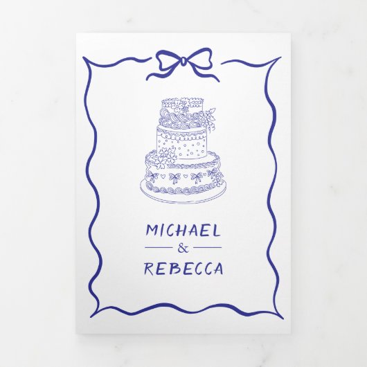 Blue Hand Drawn Bow QR Code Photo Wedding Drieluik Uitnodiging (Cover)