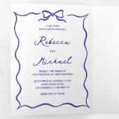 Blue Hand Drawn Bow QR Code Photo Wedding Drieluik Uitnodiging (Binnenzijde eerst)