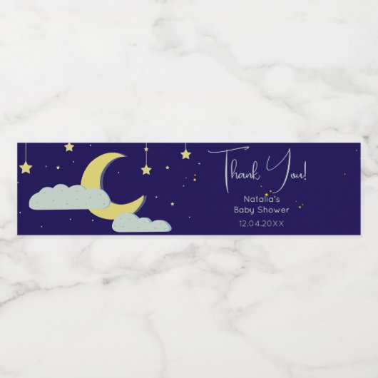Blue Hand Drawn Celestial Star Moon Baby shower Waterfles Etiket (Enkel label)