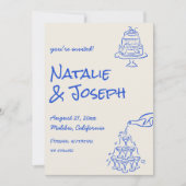 Blue Hand Drawn Champagne Tower Cake Photo Wedding Save The Date (Voorkant)