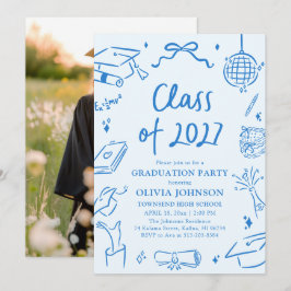 Blue Hand Drawn Class of 2027 Graduation Party Kaart