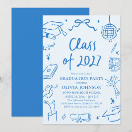 Blue Hand Drawn Class of 2027 Graduation Party Kaart