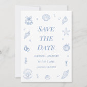 Blue Hand Drawn Coastal Wedding Save the Date Kaart (Voorkant)