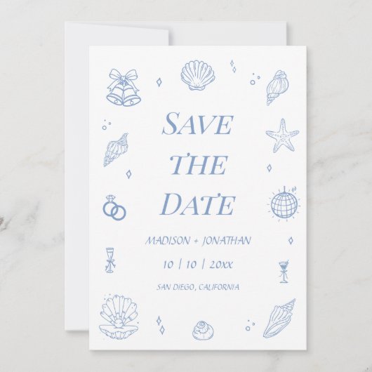 Blue Hand Drawn Coastal Wedding Save the Date Kaart (Voorkant)