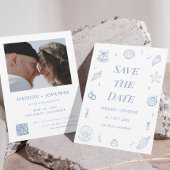 Blue Hand Drawn Coastal Wedding Save the Date Kaart