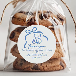 Blue Hand Drawn Doodle Bow & Teddy Boy Baby shower Ronde Sticker