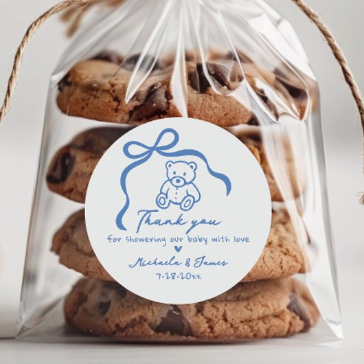 Blue Hand Drawn Doodle Bow & Teddy Boy Baby shower Ronde Sticker