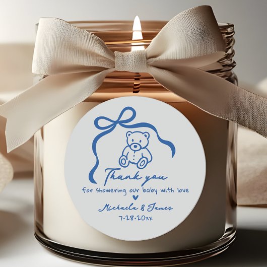 Blue Hand Drawn Doodle Bow & Teddy Boy Baby shower Ronde Sticker