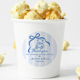 Blue Hand Drawn Doodle Bow & Teddy Boy Baby shower Ronde Sticker