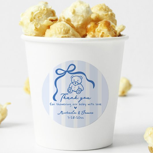Blue Hand Drawn Doodle Bow & Teddy Boy Baby shower Ronde Sticker