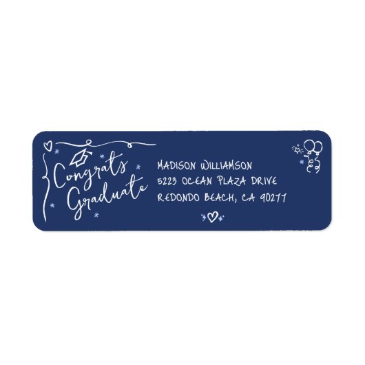 Blue Hand Drawn Doodle Style Graduation Address Etiket (Voorkant)