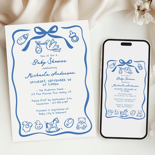 Blue Hand Drawn Doodle Whimsical Boy Baby shower Kaart