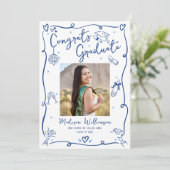 Blue Hand Drawn Doodles Graduate Photo White Retro Aankondiging (Staand voorkant)