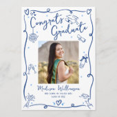 Blue Hand Drawn Doodles Graduate Photo White Retro Aankondiging (Voorkant)