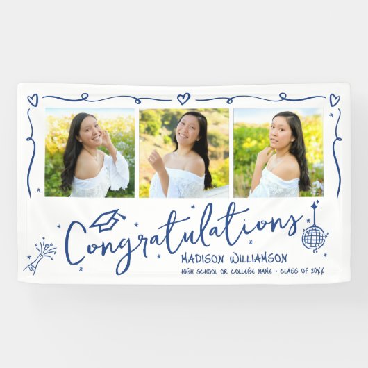 Blue Hand Drawn Doodles Graduation 3 Photo White Spandoek (Horizontaal)