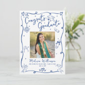 Blue Hand Drawn Doodles Graduation 4 Photo White Aankondiging (Staand voorkant)