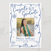 Blue Hand Drawn Doodles Graduation 4 Photo White Aankondiging (Voorkant)