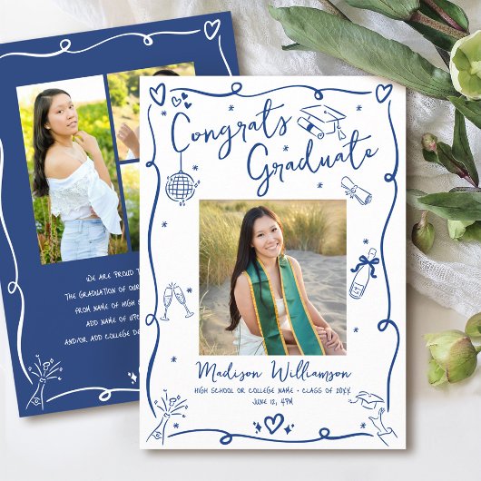 Blue Hand Drawn Doodles Graduation 4 Photo White Aankondiging