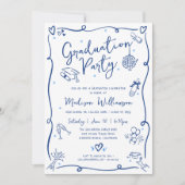 Blue Hand Drawn Doodles Graduation Fun White Party Kaart (Voorkant)
