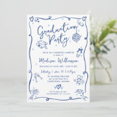 Blue Hand Drawn Doodles Graduation Fun White Party Kaart (Staand voorkant)