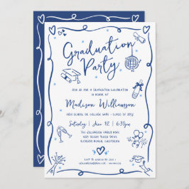 Blue Hand Drawn Doodles Graduation Fun White Party Kaart