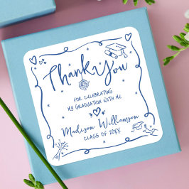Blue Hand Drawn Doodles Graduation Thank You White Vierkante Sticker