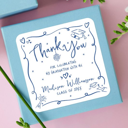 Blue Hand Drawn Doodles Graduation Thank You White Vierkante Sticker