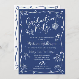 Blue Hand Drawn Doodles Style Fun Graduation Party Kaart