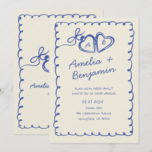 Blue hand drawn heart Whimsical Wedding  Invitati Kaart (Voorkant / Achterkant)