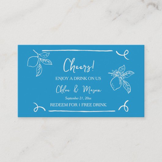 Blue Hand Drawn Lemon Wedding Drink ticket (Voorkant)