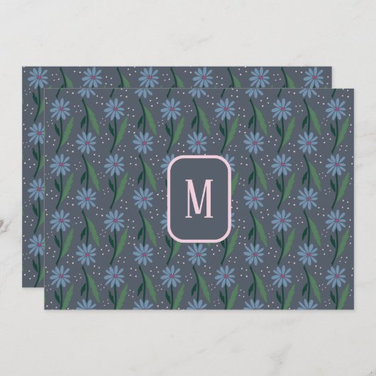 Blue Hand-Drawn Retro Daisy Monogram Notitiekaartje (Voorkant / Achterkant)