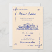 Blue Hand Drawn Sketch Venue Wedding Kaart (Voorkant)