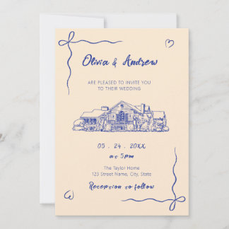 Blue Hand Drawn Sketch Venue Wedding Kaart
