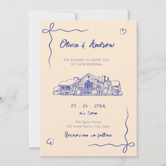 Blue Hand Drawn Sketch Venue Wedding Kaart (Voorkant)