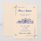 Blue Hand Drawn Sketch Venue Wedding Kaart (Voorkant / Achterkant)