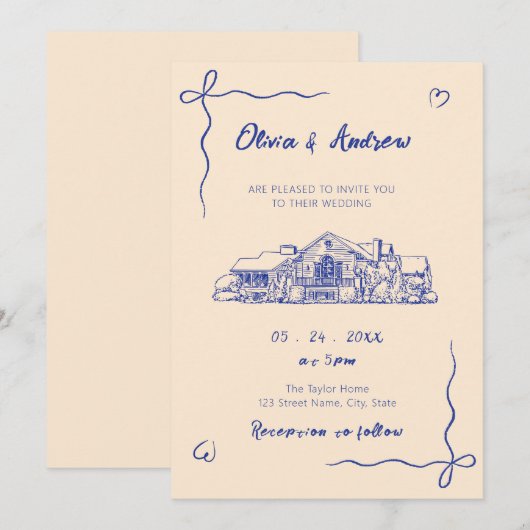 Blue Hand Drawn Sketch Venue Wedding Kaart (Voorkant / Achterkant)