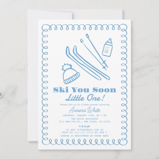 Blue Hand-Drawn Ski Boy Baby shower Kaart (Voorkant)