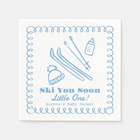 Blue Hand-Drawn Ski You Soon Boy Baby Shower Servet (Voorkant)