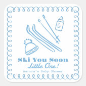 Blue Hand-Drawn Ski You Soon Boy Baby Shower Vierkante Sticker (Voorkant)
